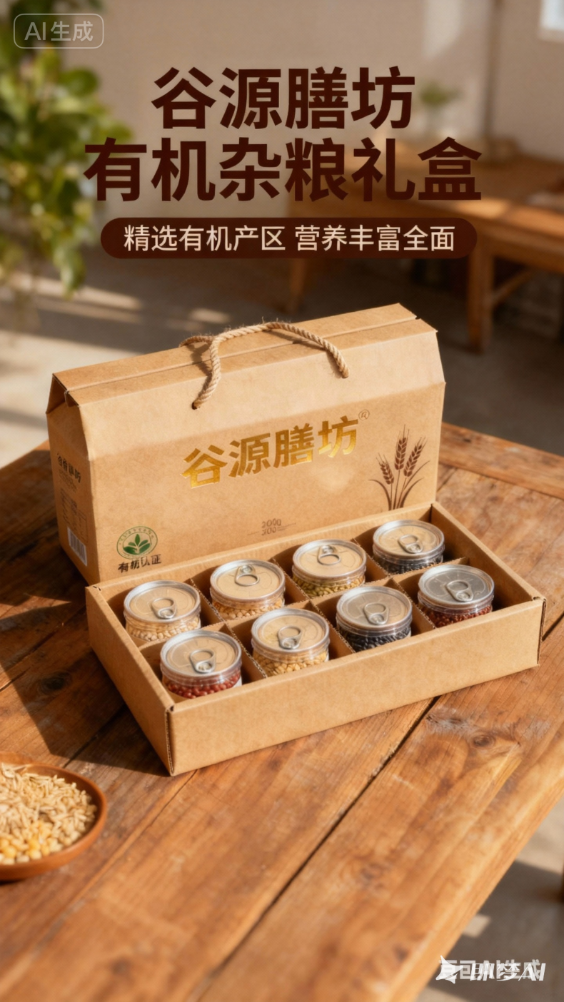 jimeng-2025-11-18-2703-参考图1生成网店产品详情页顶部banner,展示谷源膳坊有机杂粮礼盒的精美包装,....png