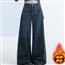 深蓝色高腰阔腿牛仔裤女2024年冬季新款宽松垂感小个子加绒直筒裤