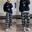 格子休闲裤女加厚宽松直筒潮牌ins2020秋冬新款复古港味撞色长裤