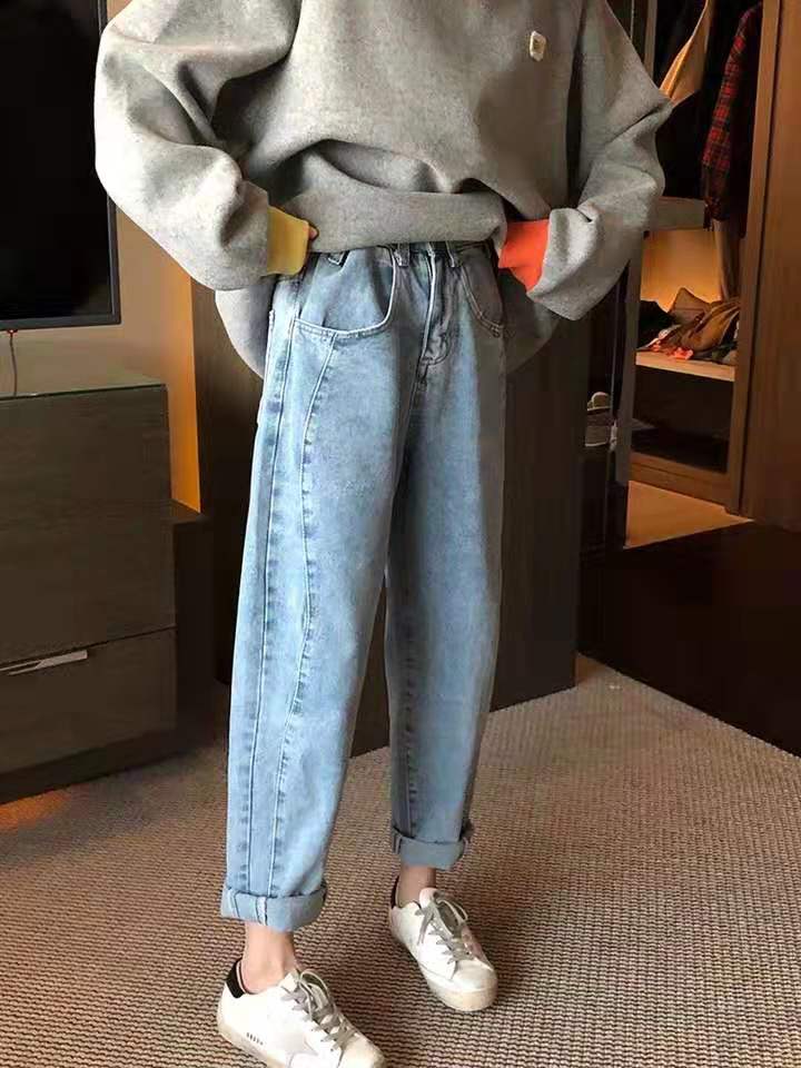 宽松版高腰显瘦牛仔裤2019新款牛仔哈伦裤
