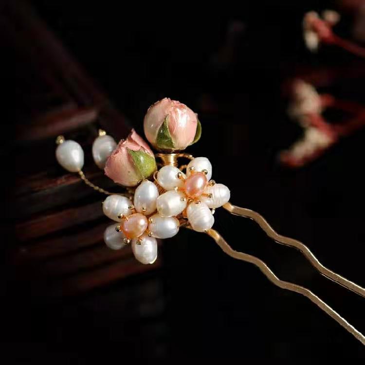 桃花仙 淡水珍珠花朵发簪