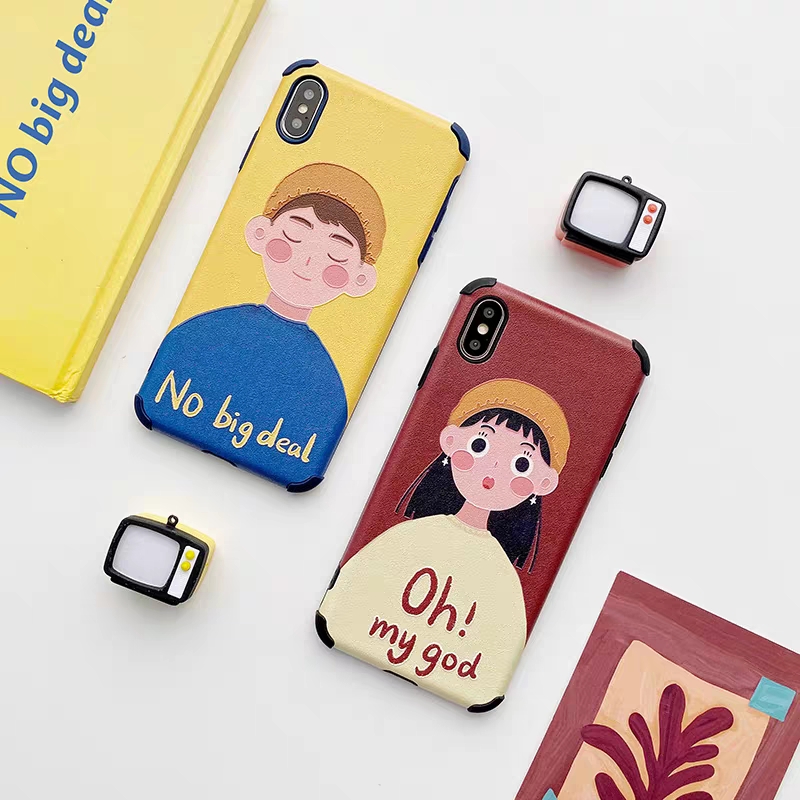 原创手绘文艺插画情侣男女孩苹果手机壳