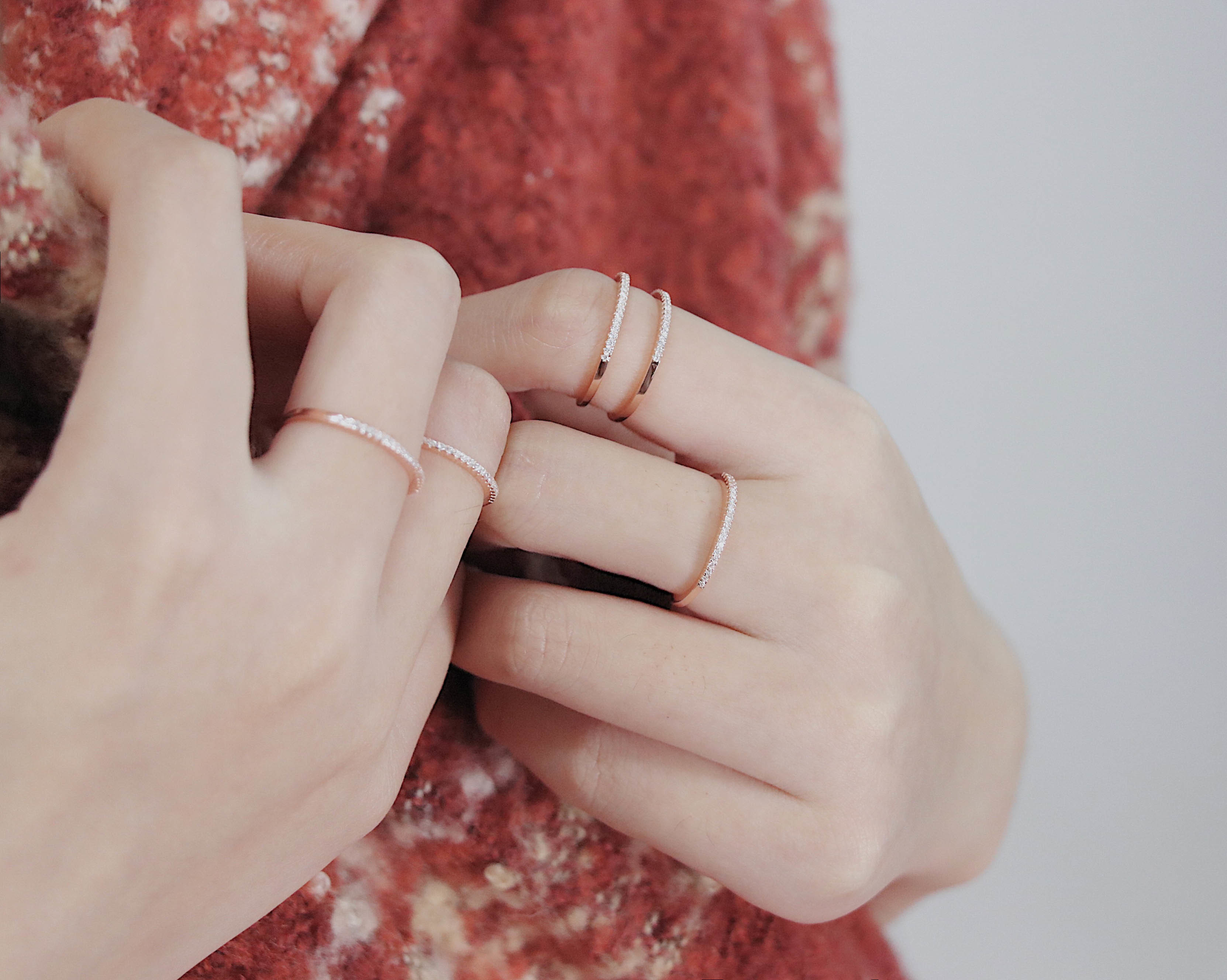 单排钻微镶锆石纯银镀玫瑰金戒指 关节细戒 女